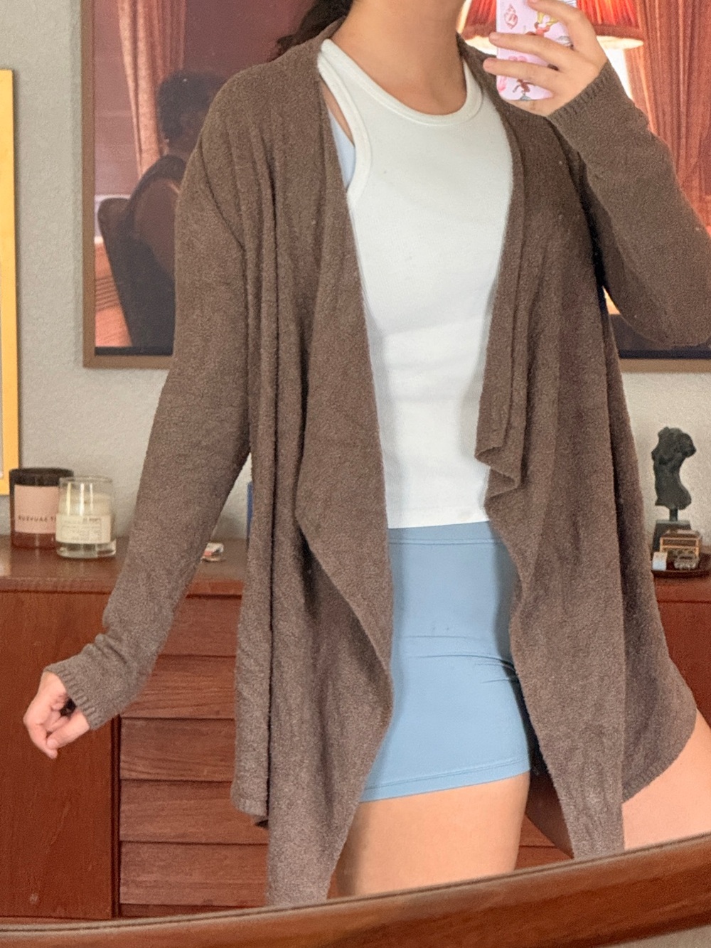 Barefoot Dreams CozyChic Lite Drape Front Cardigan Brown Taupe Heather S/M